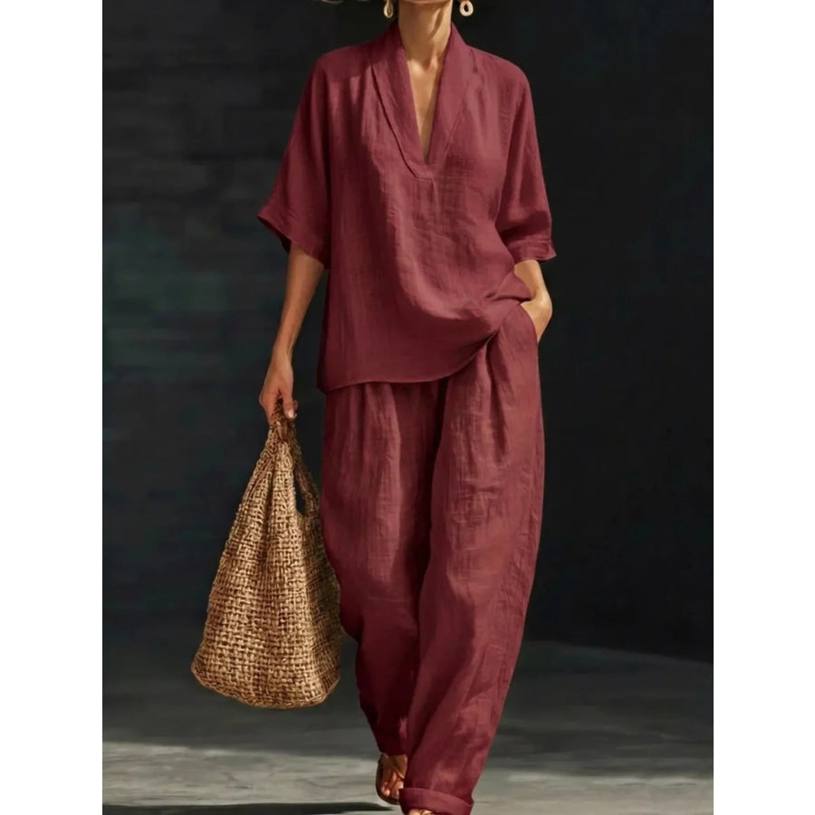 Half Sleeve Loose Fit Top and Pants Set Burgundy / S Apparel and Accessories