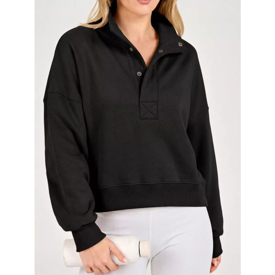 Half Snap Dropped Shoulder Sweatshirt Black / S Apparel and Accessories