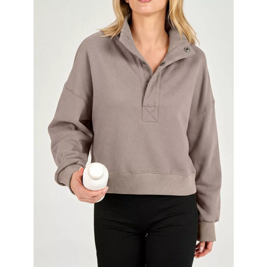 Half Snap Dropped Shoulder Sweatshirt Camel / S Apparel and Accessories