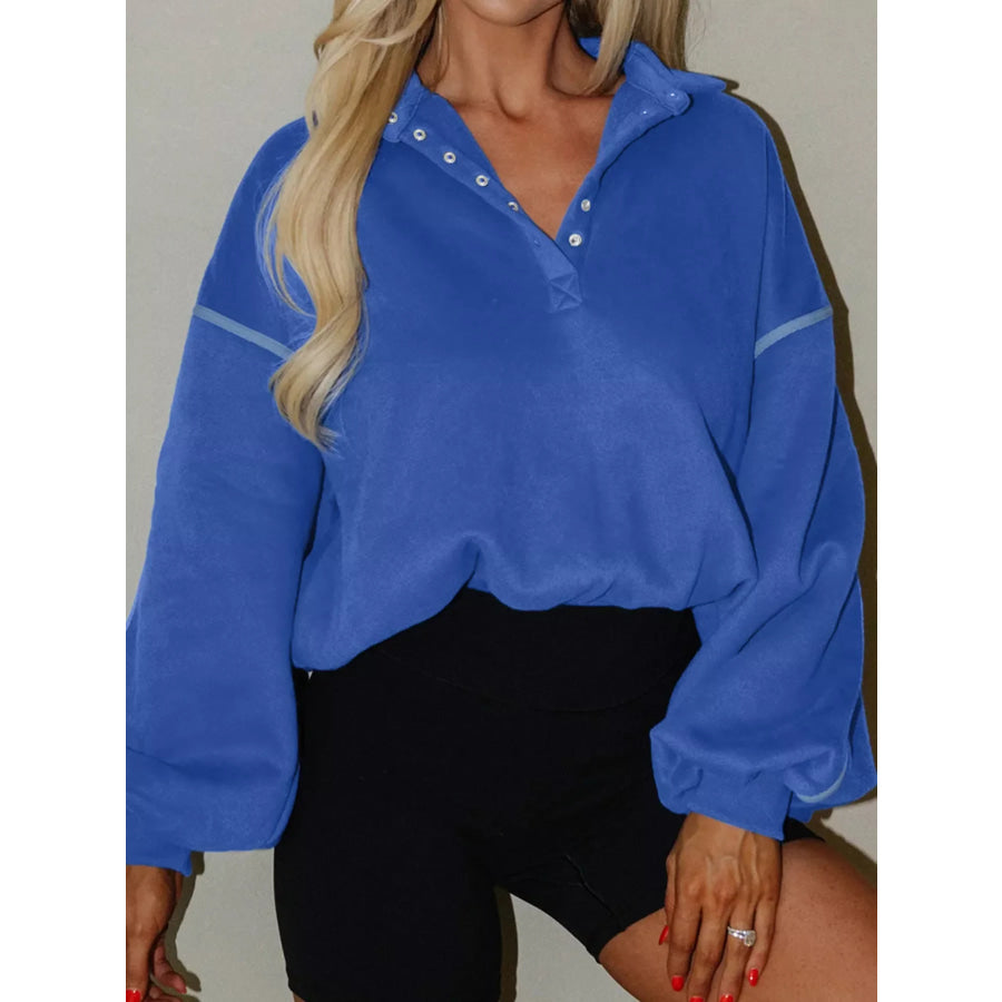 Half Snap Dropped Shoulder Sweatshirt Royal Blue / S Apparel and Accessories