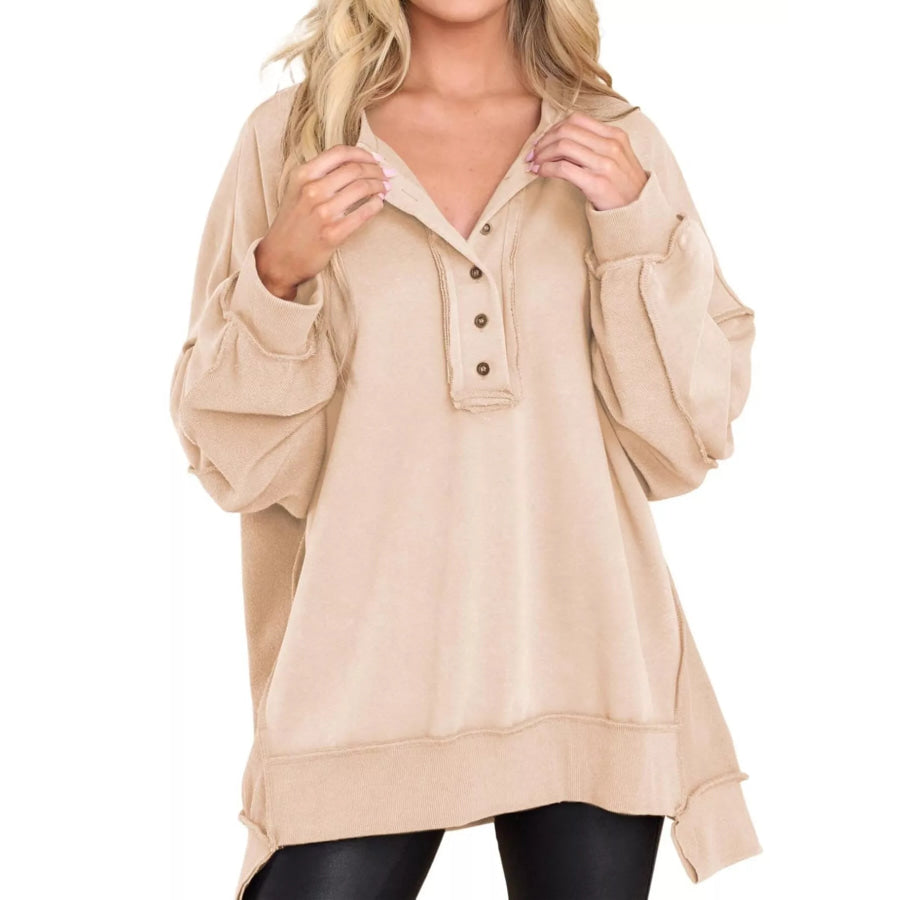Half Snap Long Sleeve Sweatshirt Apricot / S Apparel and Accessories
