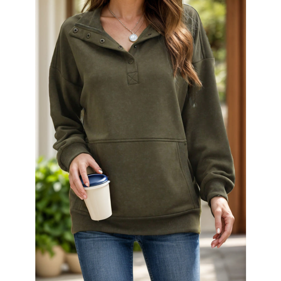 Half Snap Long Sleeve Sweatshirt Army Green / S Apparel and Accessories