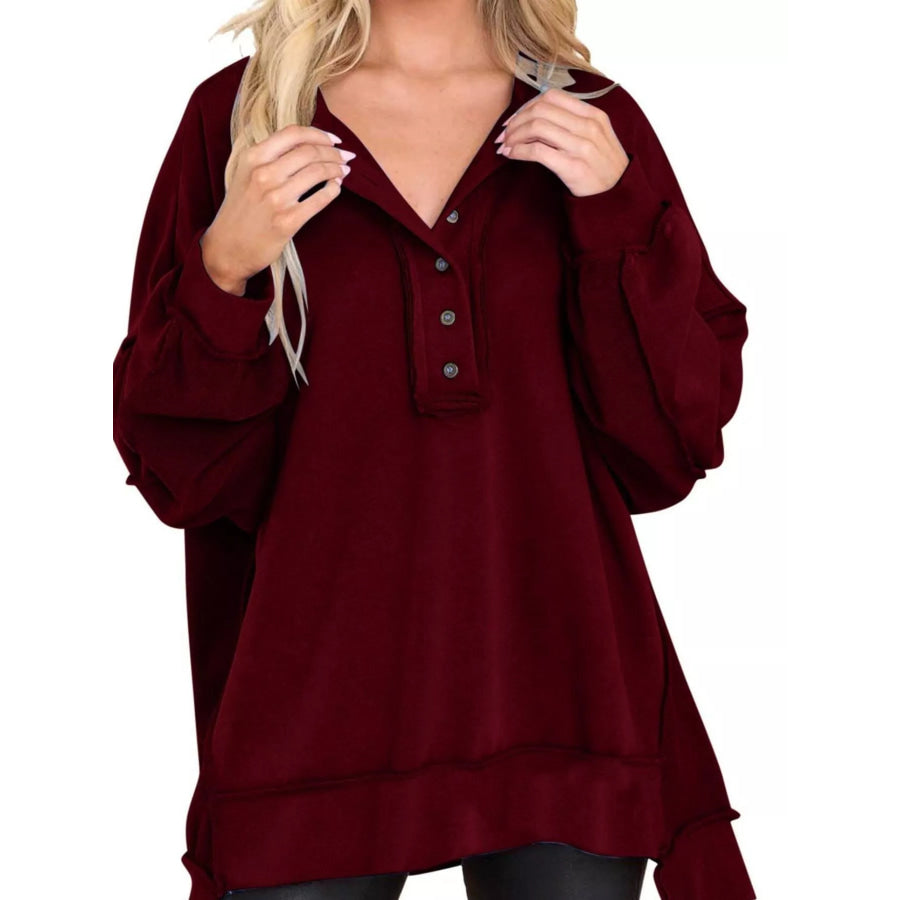 Half Snap Long Sleeve Sweatshirt Burgundy / S Apparel and Accessories
