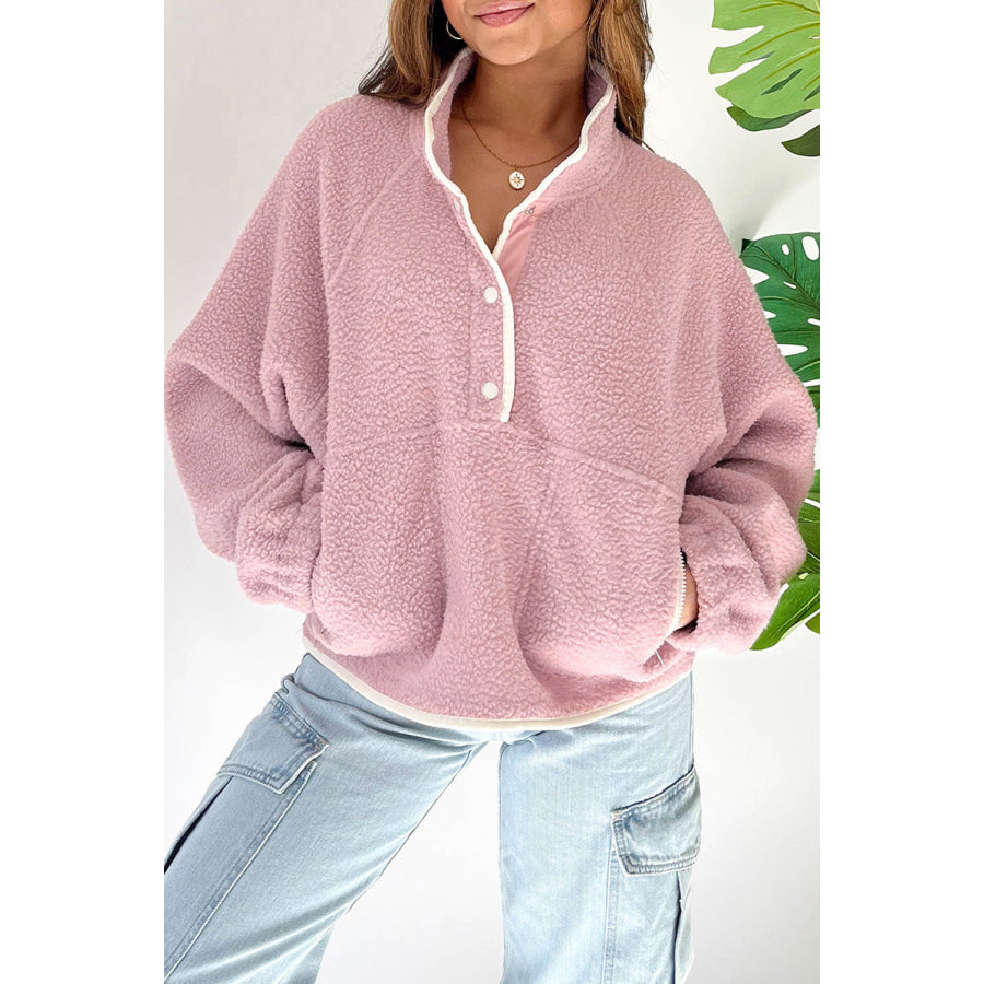 Half Snap Long Sleeve Sweatshirt with Side Slit Pockets Apparel and Accessories