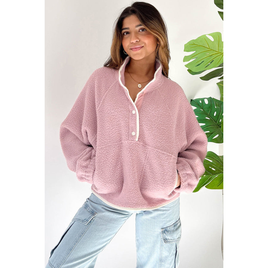 Half Snap Long Sleeve Sweatshirt with Side Slit Pockets Pink / S Apparel and Accessories