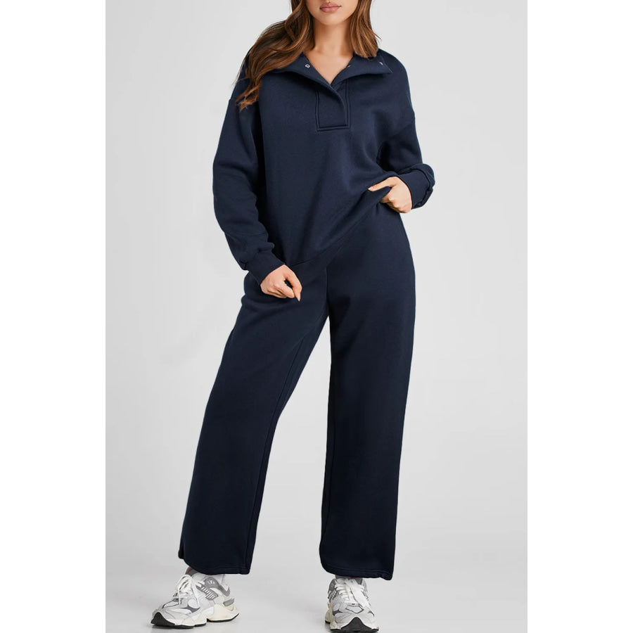 Half Snap Long Sleeve Top and Pants Active Set Dark Navy / S Apparel and Accessories