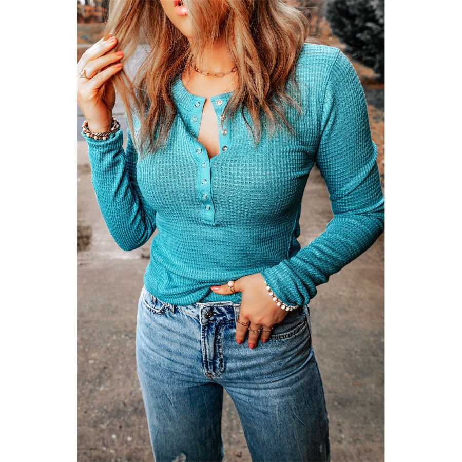 Half-Snap Round Neck Long Sleeve Top