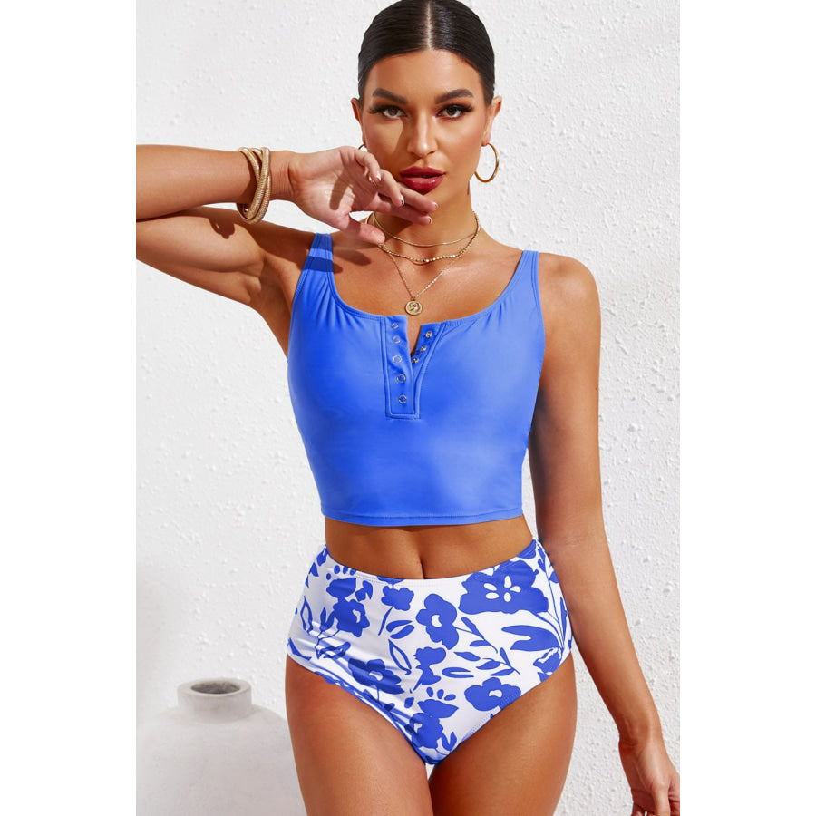 Half Snap Square Neck Tankini Set Apparel and Accessories