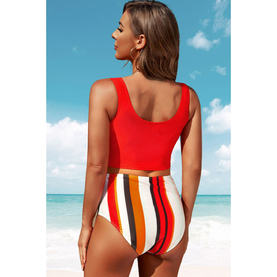 Half Snap Square Neck Tankini Set Apparel and Accessories