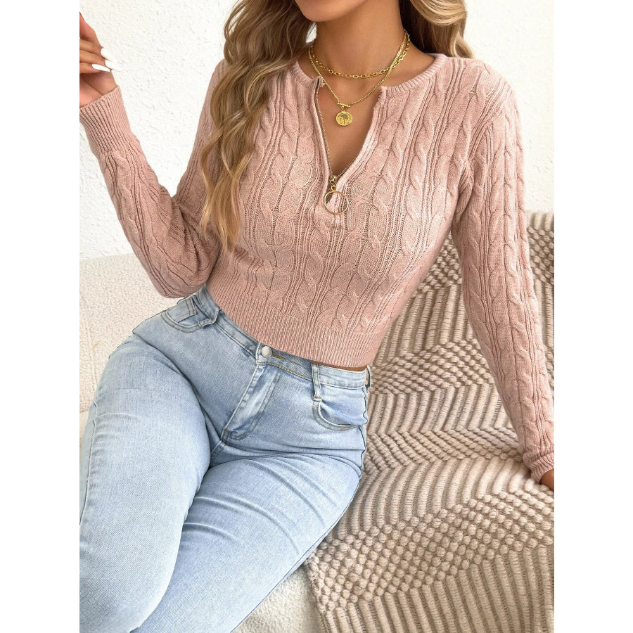 Half-Zip Cable Knit Sweater Pink / S Apparel and Accessories