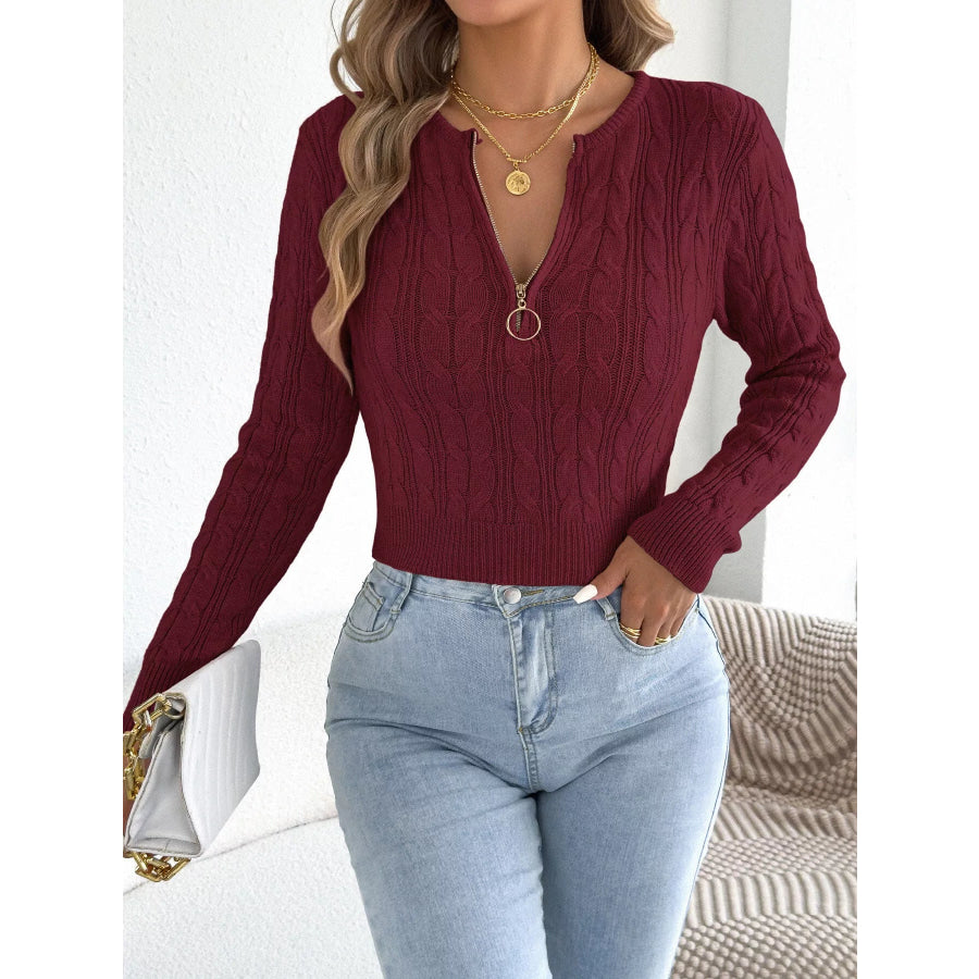 Half-Zip Cable Knit Sweater Wine Red / S Apparel and Accessories
