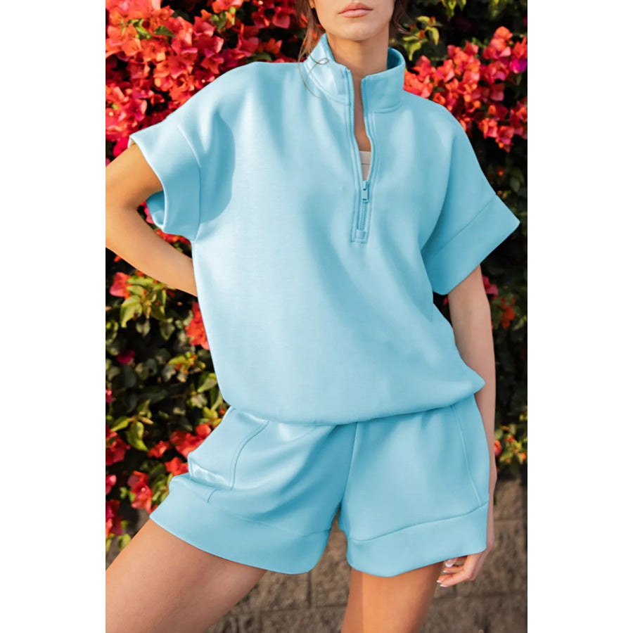 Half-Zip Casual Top and Shorts Set Pastel Blue / S Apparel and Accessories