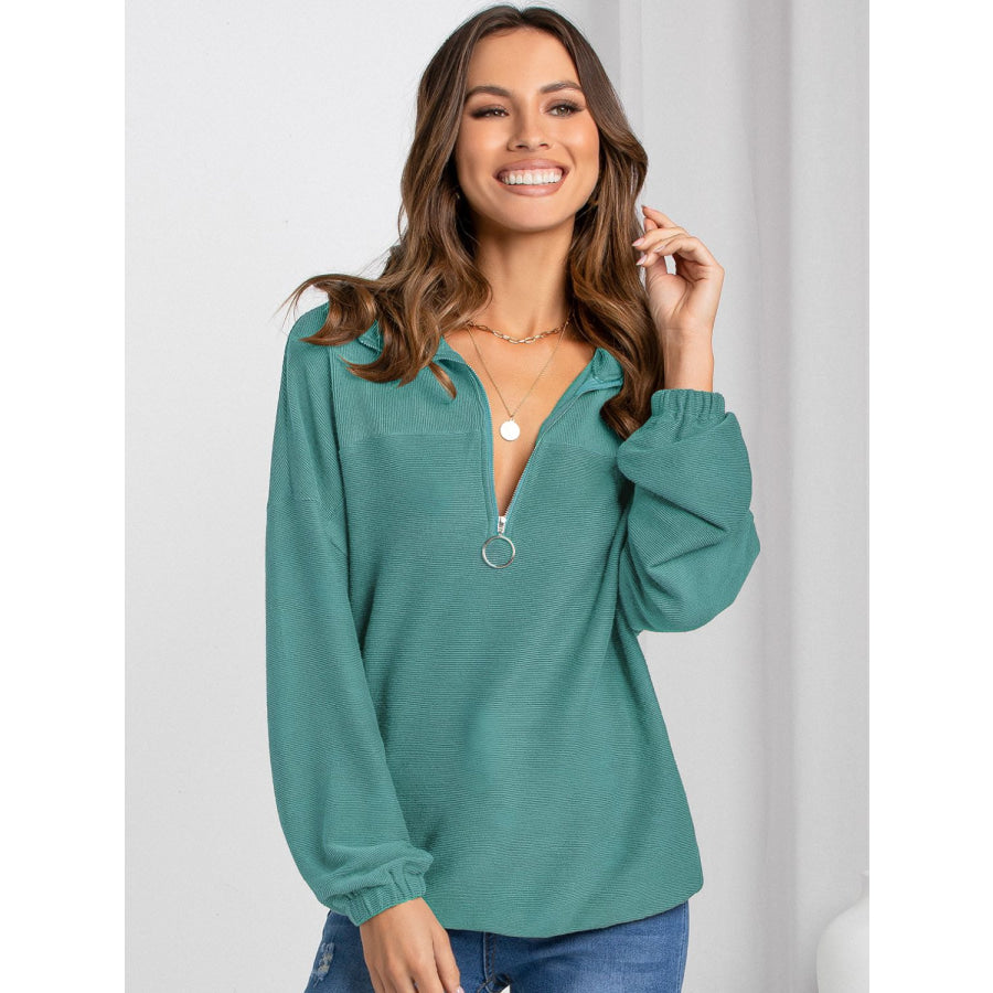 Half Zip Collared Neck Long Sleeve Sweatshirt Apparel and Accessories