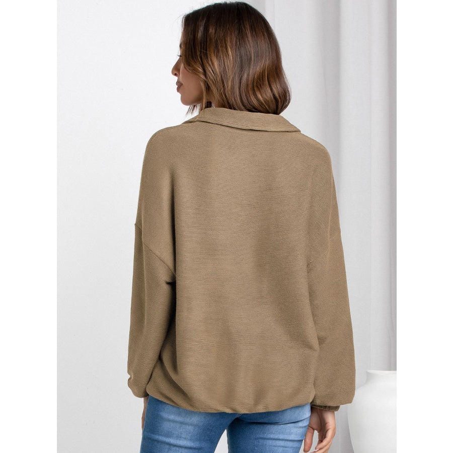 Half Zip Collared Neck Long Sleeve Sweatshirt Camel / S Apparel and Accessories