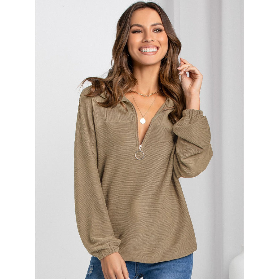 Half Zip Collared Neck Long Sleeve Sweatshirt Apparel and Accessories