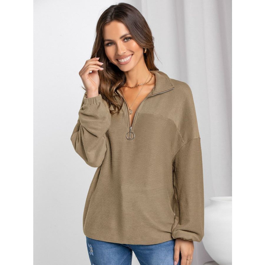 Half Zip Collared Neck Long Sleeve Sweatshirt Apparel and Accessories