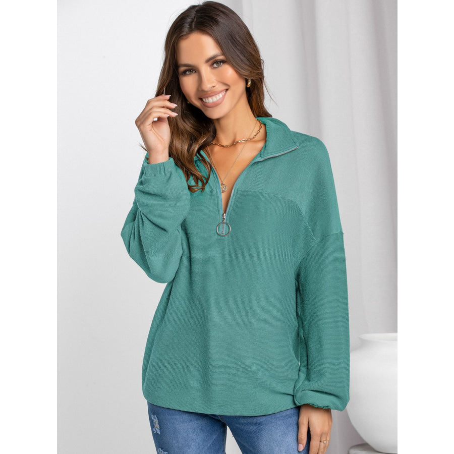 Half Zip Collared Neck Long Sleeve Sweatshirt Apparel and Accessories