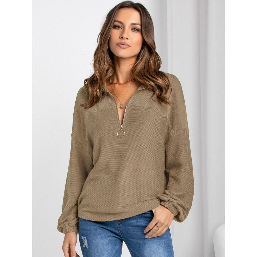 Half Zip Collared Neck Long Sleeve Sweatshirt Camel / S Apparel and Accessories