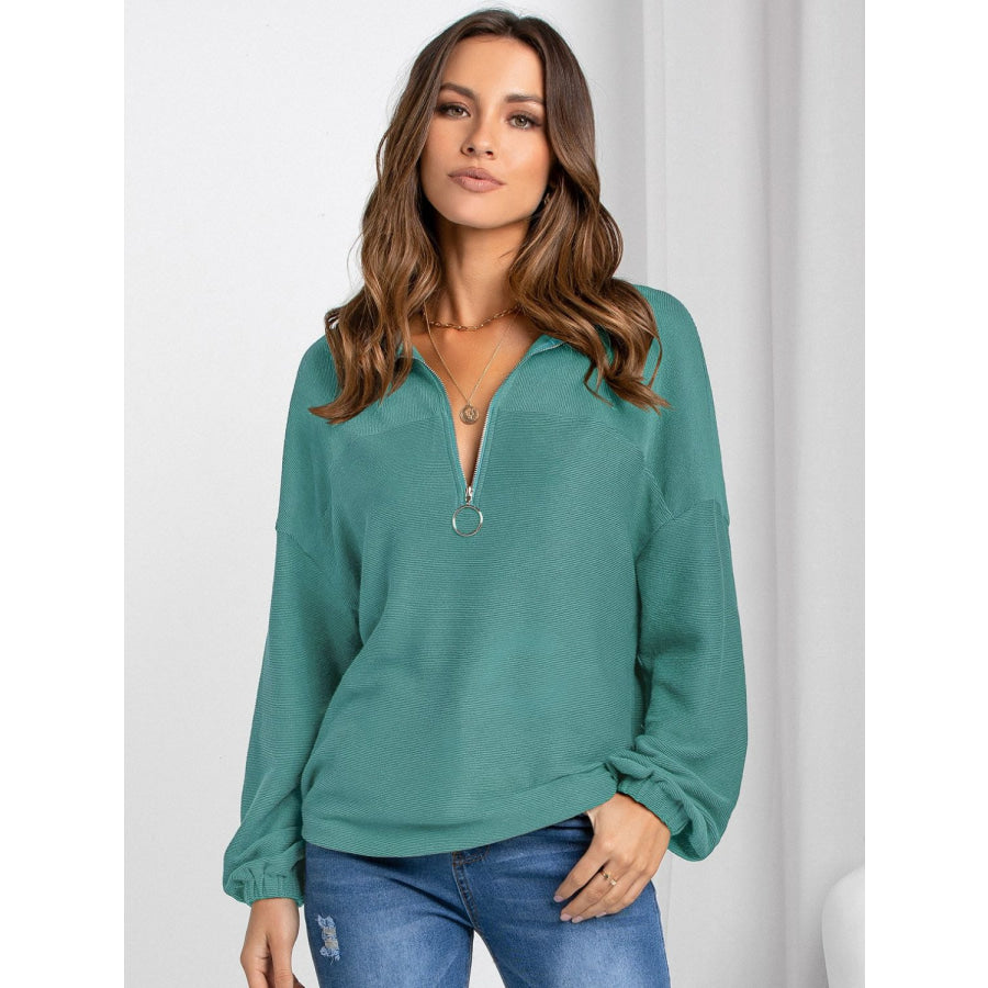 Half Zip Collared Neck Long Sleeve Sweatshirt Teal / S Apparel and Accessories