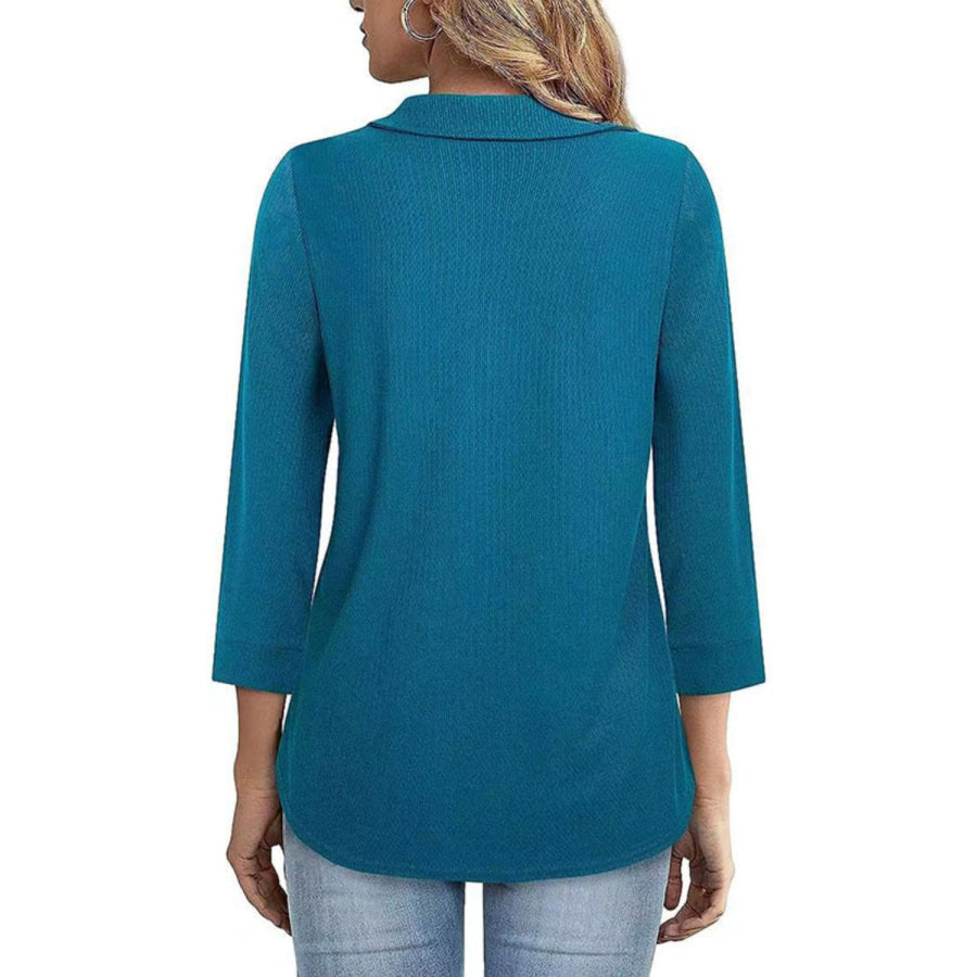 Half Zip Collared Neck Three-Quarter Sleeve T-Shirt Peacock Blue / S Apparel and Accessories