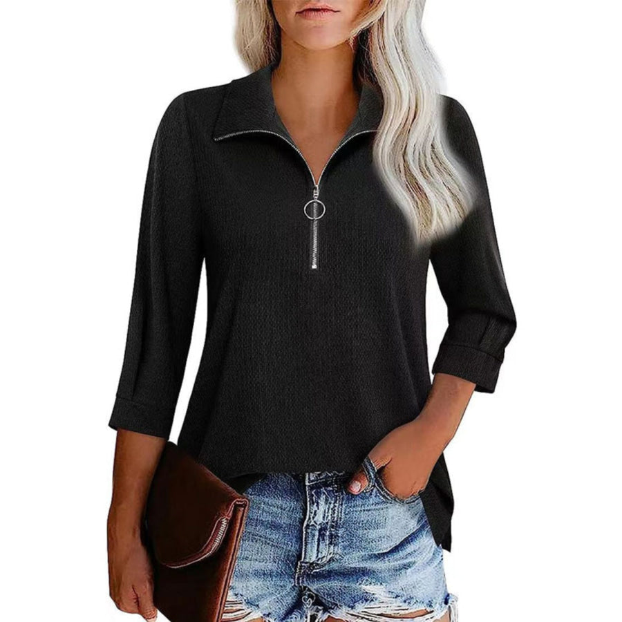 Half Zip Collared Neck Three-Quarter Sleeve T-Shirt Black / S Apparel and Accessories