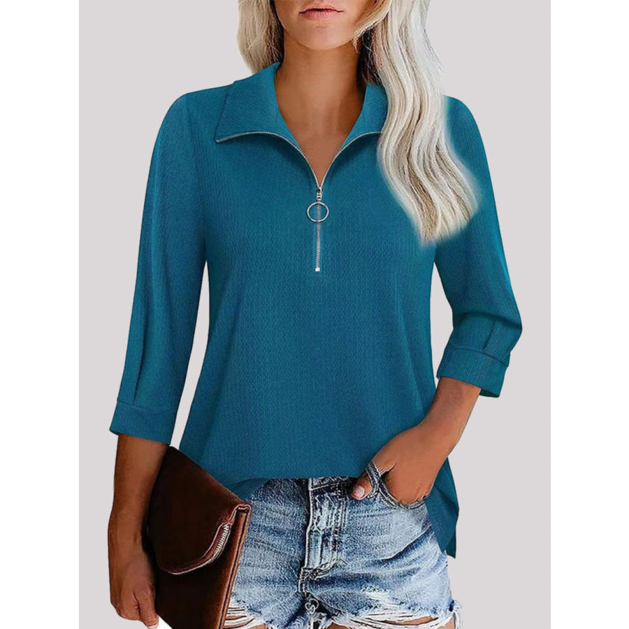 Half Zip Collared Neck Three-Quarter Sleeve T-Shirt Peacock Blue / S Apparel and Accessories