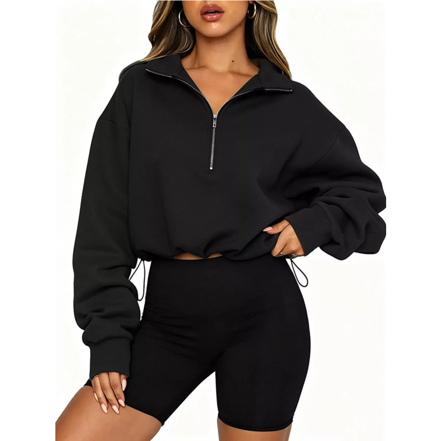 Half Zip Drawstring Hem Sweatshirt Black / S Apparel and Accessories