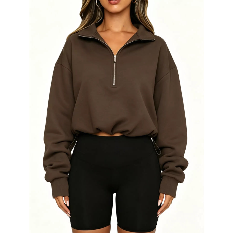 Half Zip Drawstring Hem Sweatshirt Brown / S Apparel and Accessories