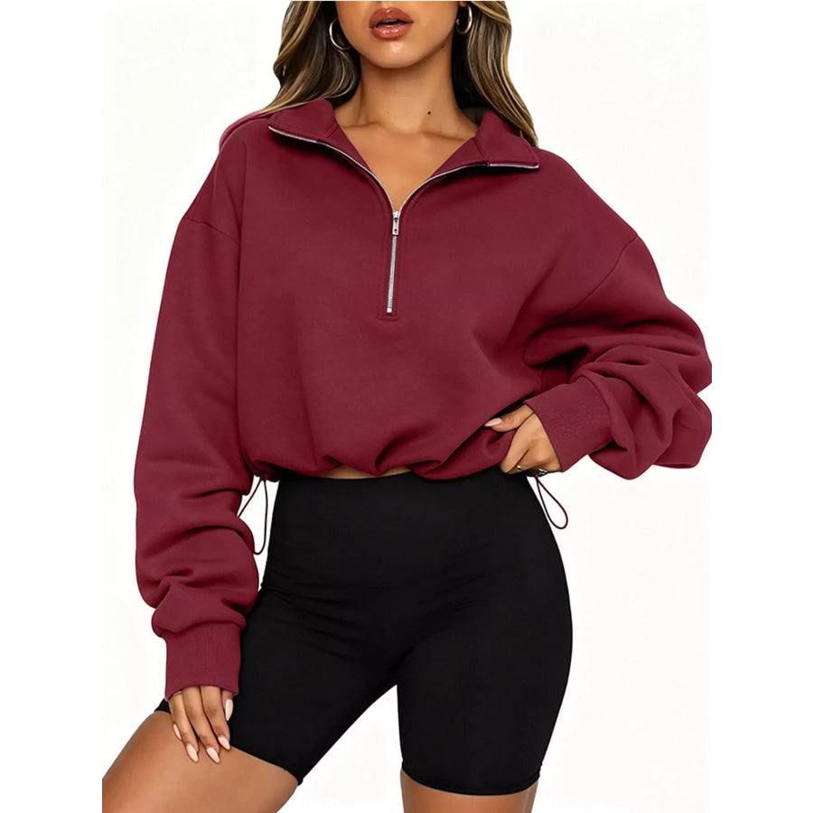 Half Zip Drawstring Hem Sweatshirt Burgundy / S Apparel and Accessories