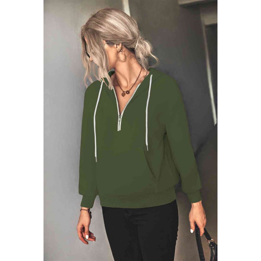 Half - Zip Drawstring Hoodie Army Green / S Apparel and Accessories