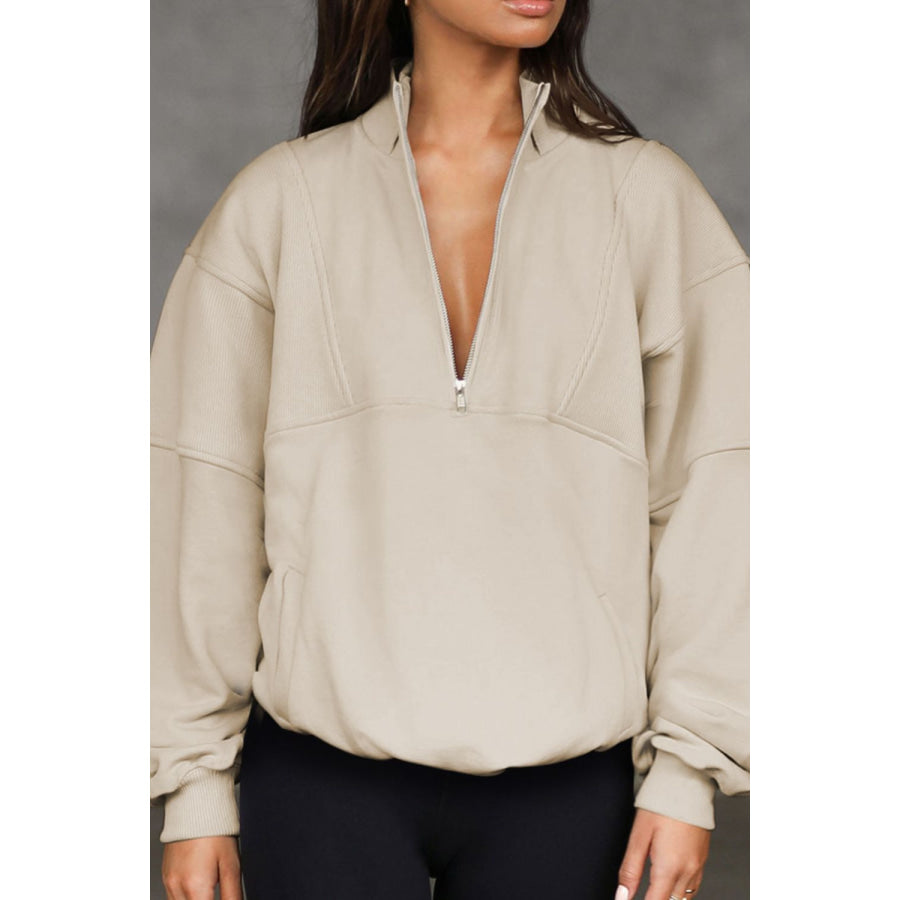 Half Zip Drop Shoulder Long Sleeve Sweatshirt Apparel and Accessories