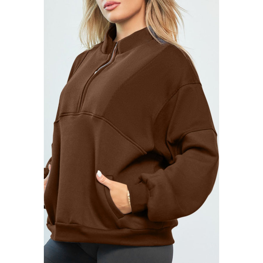 Half Zip Drop Shoulder Long Sleeve Sweatshirt Apparel and Accessories