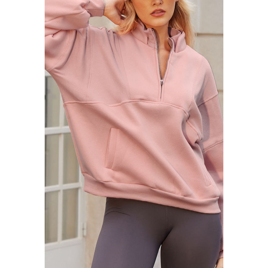 Half Zip Drop Shoulder Long Sleeve Sweatshirt Apparel and Accessories