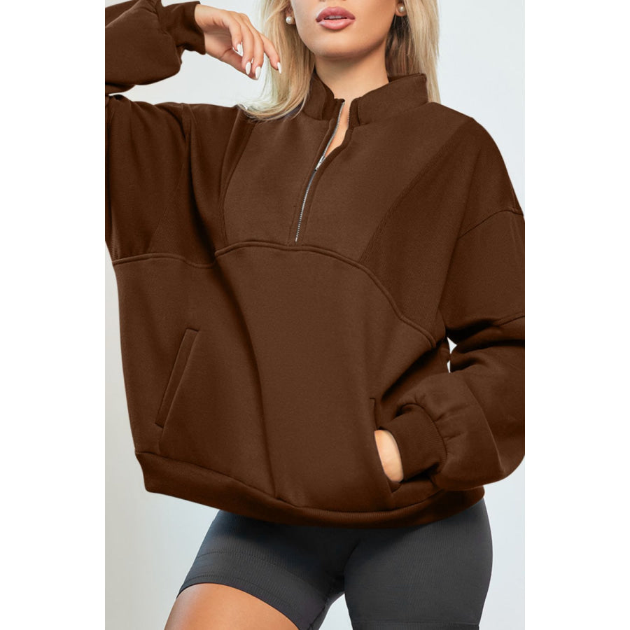 Half Zip Drop Shoulder Long Sleeve Sweatshirt Apparel and Accessories