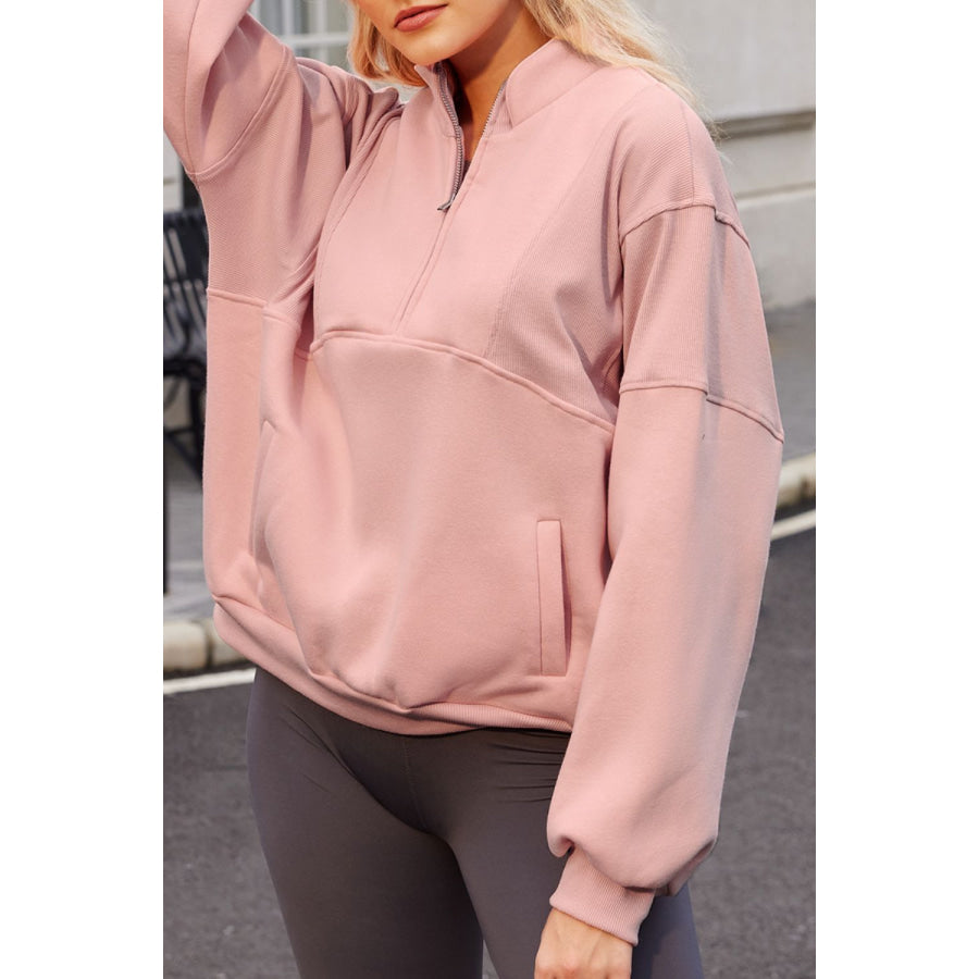 Half Zip Drop Shoulder Long Sleeve Sweatshirt Apparel and Accessories