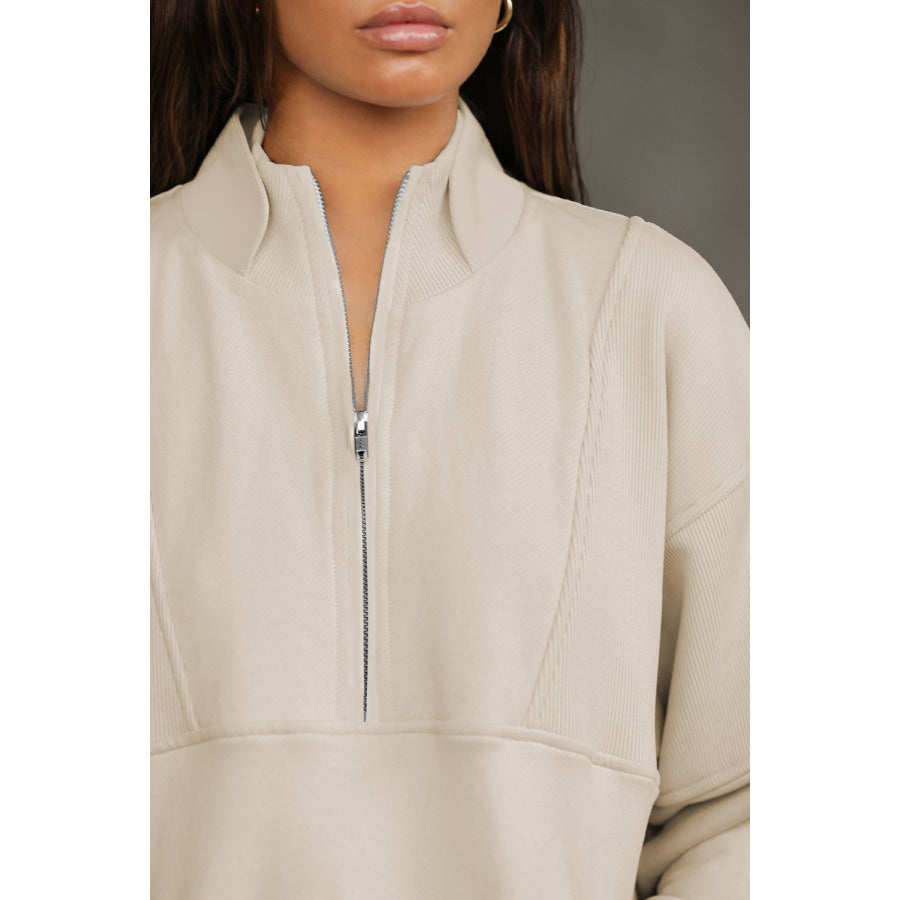 Half Zip Drop Shoulder Long Sleeve Sweatshirt Apparel and Accessories