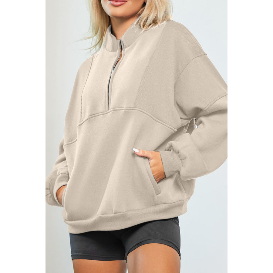 Half Zip Drop Shoulder Long Sleeve Sweatshirt Beige / S Apparel and Accessories