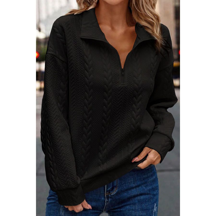 Half Zip Drop Shoulder Long Sleeve Sweatshirt Black / S Apparel and Accessories