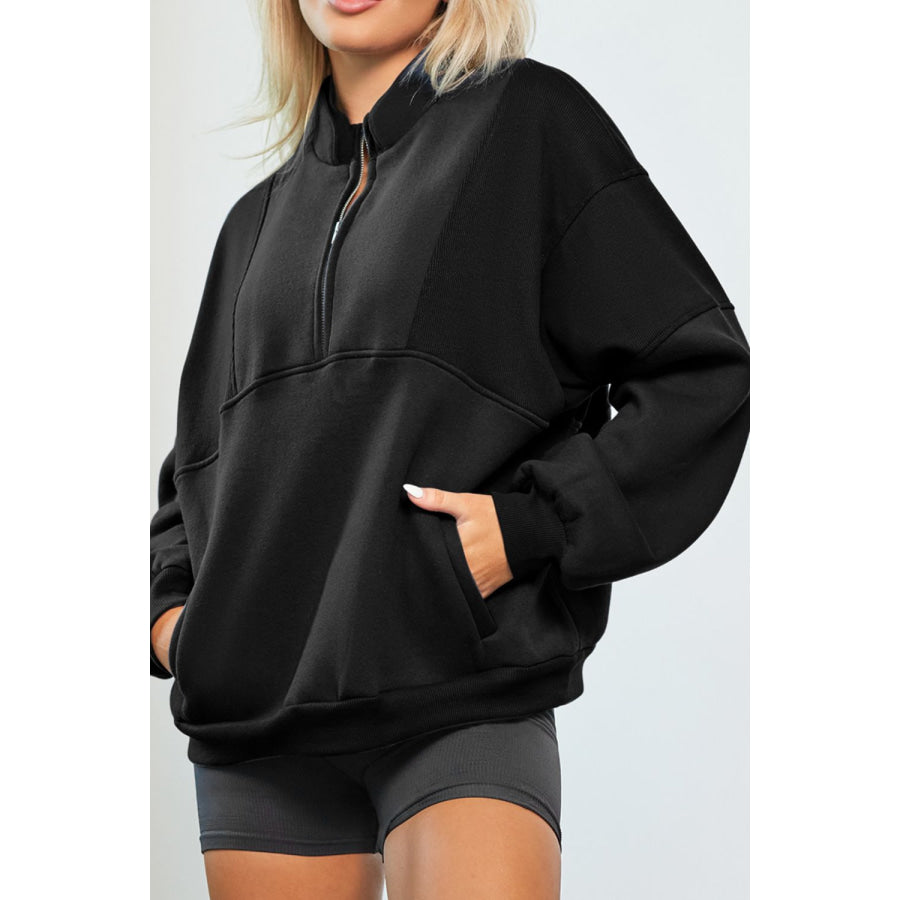 Half Zip Drop Shoulder Long Sleeve Sweatshirt Black / S Apparel and Accessories