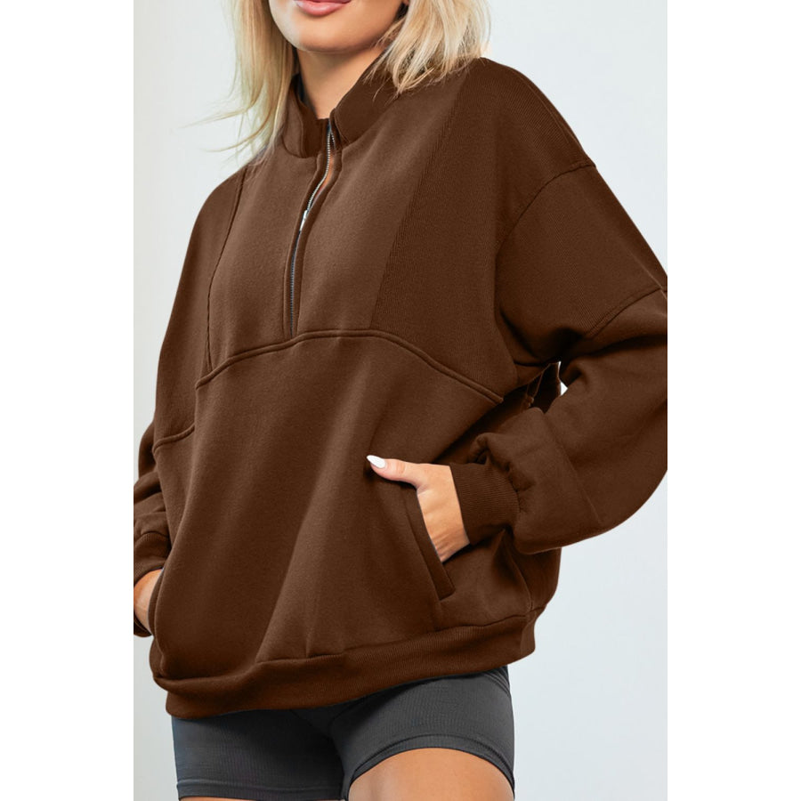 Half Zip Drop Shoulder Long Sleeve Sweatshirt Brown / S Apparel and Accessories