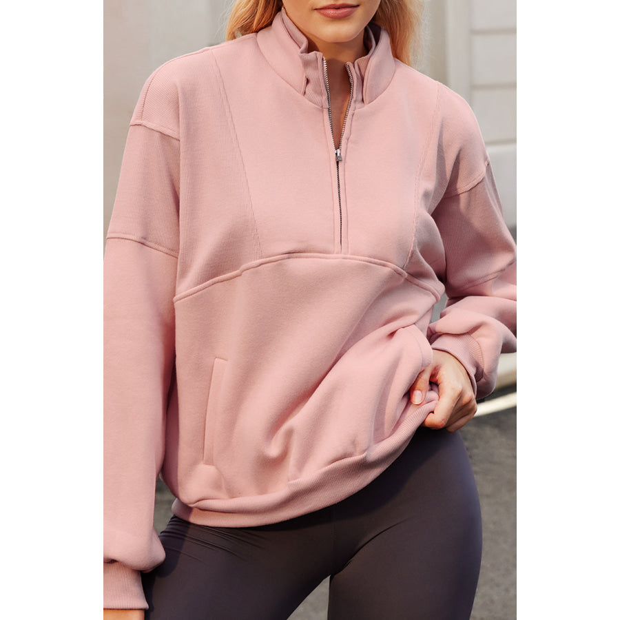 Half Zip Drop Shoulder Long Sleeve Sweatshirt Pale Blush / S Apparel and Accessories