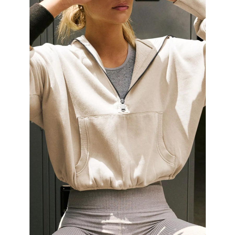 Half-Zip Dropped Shoulder Hoodie Apricot / S Apparel and Accessories
