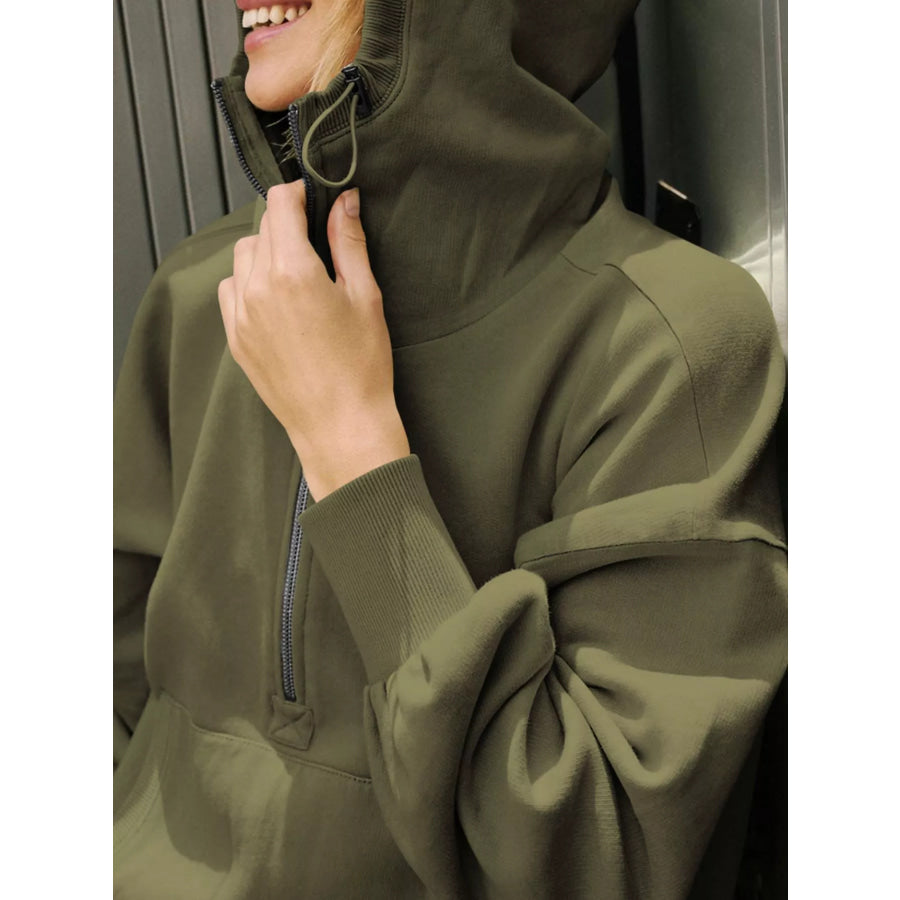 Half-Zip Dropped Shoulder Hoodie Army Green / S Apparel and Accessories