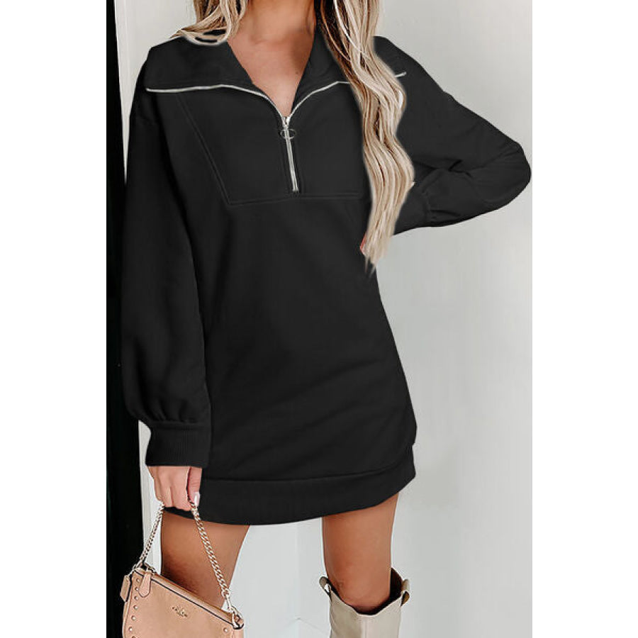 Half Zip Dropped Shoulder Mini Sweatshirt Dress Black / S Apparel and Accessories