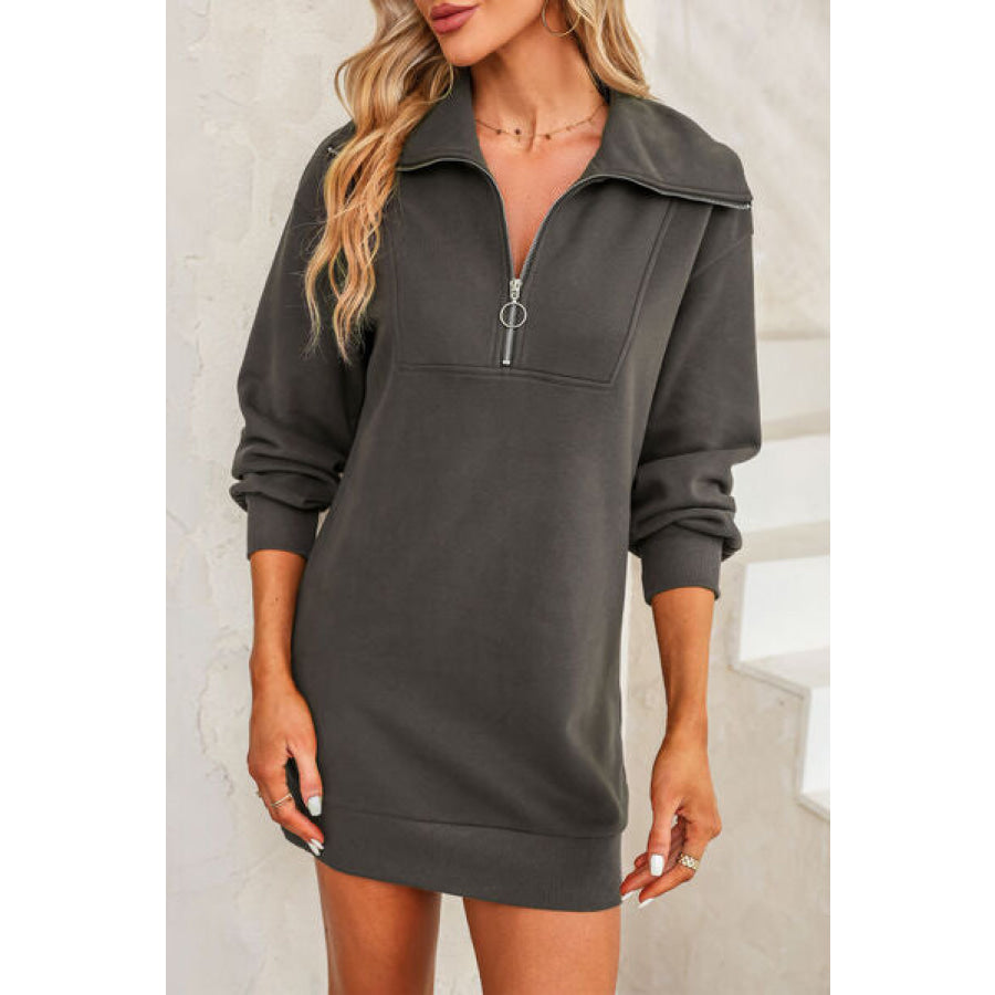 Half Zip Dropped Shoulder Mini Sweatshirt Dress Charcoal / S Apparel and Accessories