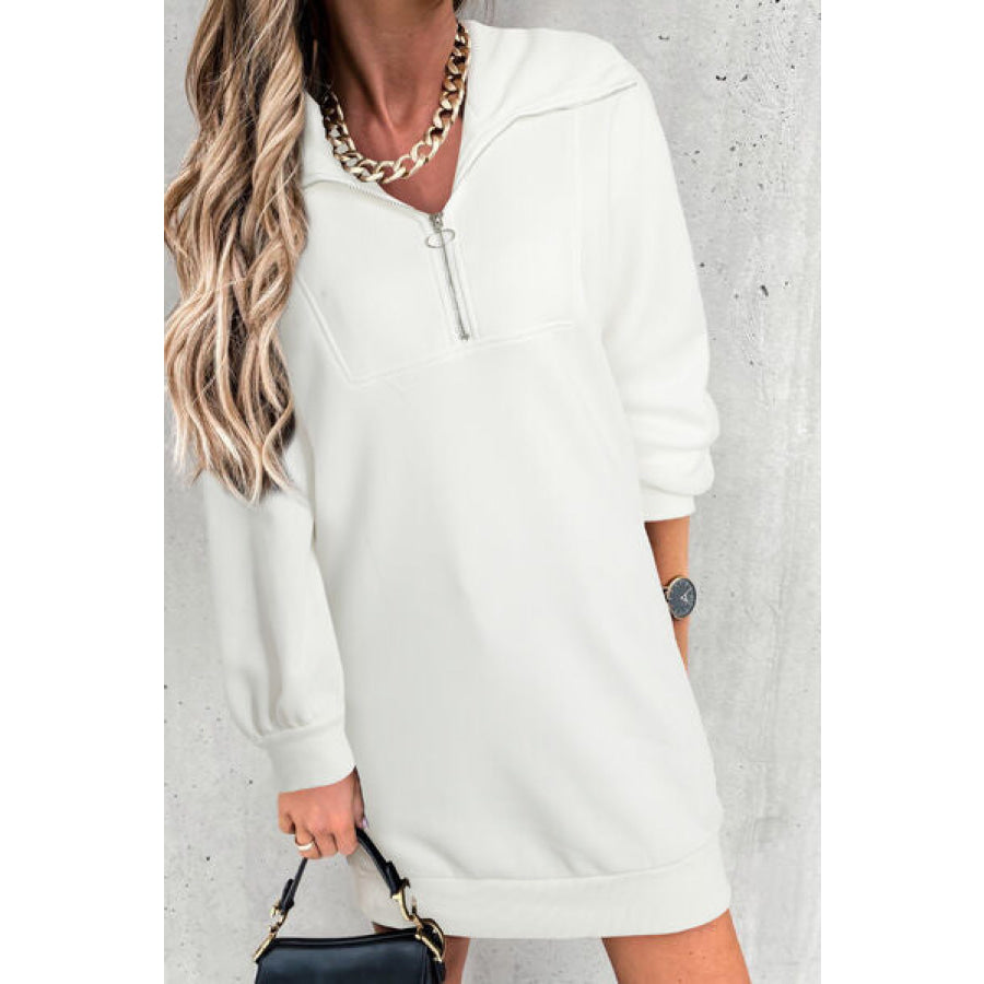 Half Zip Dropped Shoulder Mini Sweatshirt Dress White / S Apparel and Accessories