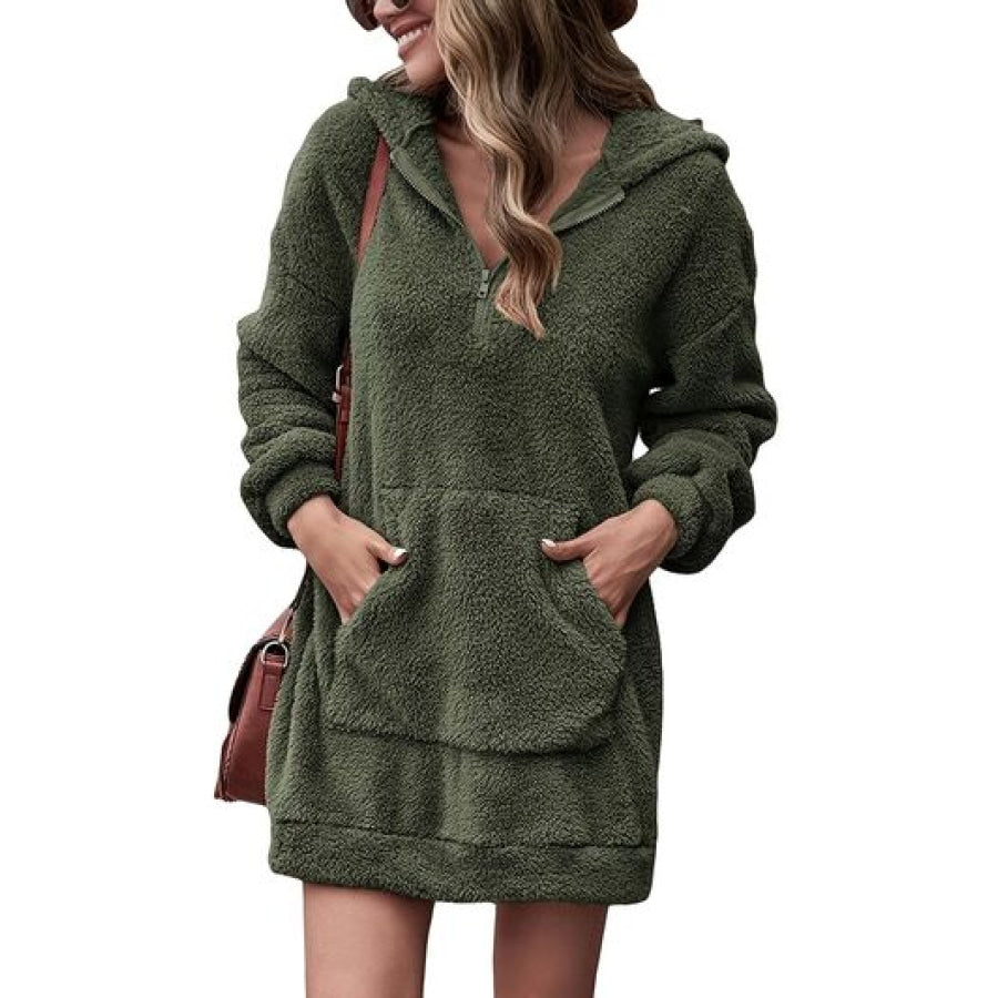 Half Zip Dropped Shoulder Oversized Hoodie Army Green / S Apparel and Accessories