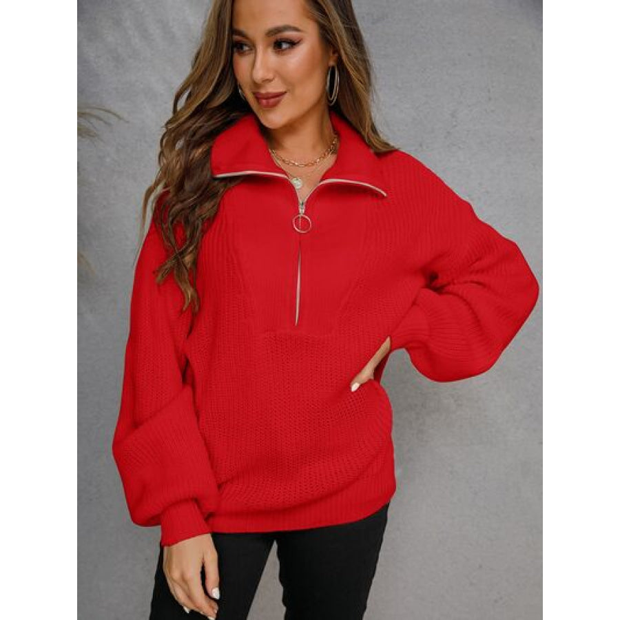 Half Zip Dropped Shoulder Sweater Deep Red / S Apparel and Accessories