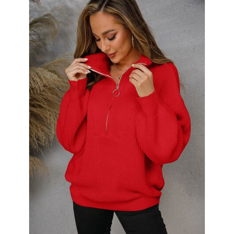 Half Zip Dropped Shoulder Sweater Apparel and Accessories