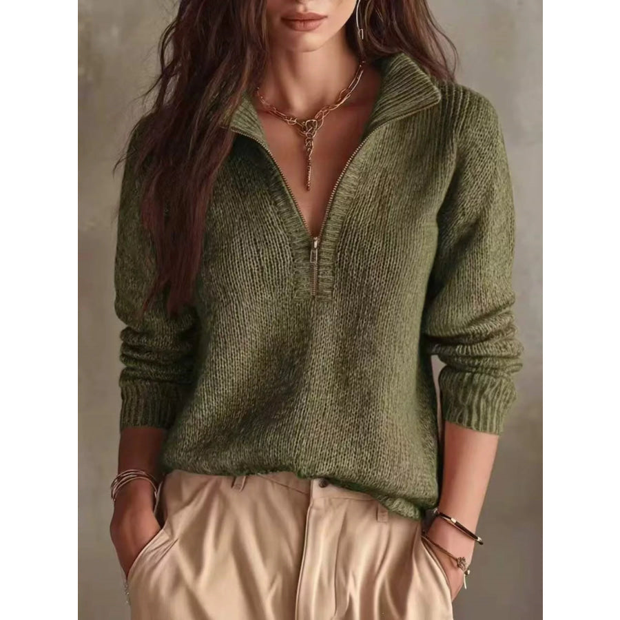 Half Zip Dropped Shoulder Sweater Army Green / S Apparel and Accessories
